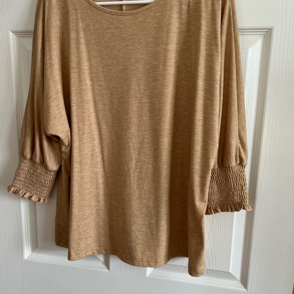 Women's Tan Top with Smocked Sleeves